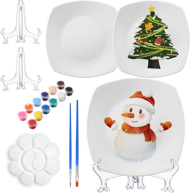 Affrolling Paint Your Own Porcelain Plates Ceramic Painting Kit Included 2 Pcs Porcelain Plates 2 Brushes 12 Paints 2 Stands Paint and 1 Pcs Color Palette, Pottery Kit for Adults(Square) - Image 1